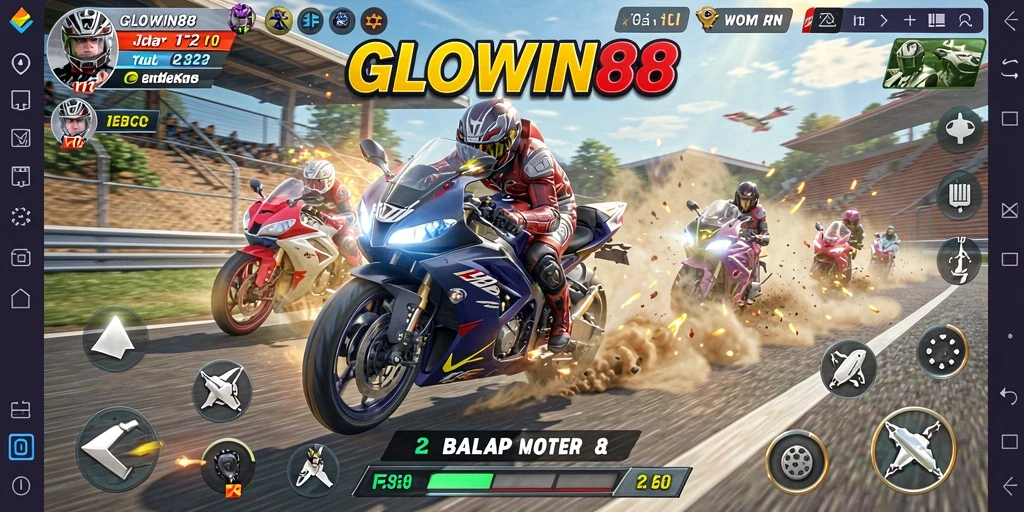 Tampilan gameplay GLOWIN88 dengan balapan motor seru.
