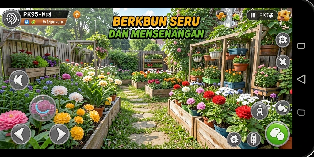 Tangkapan layar gameplay PK95 menampilkan kebun yang indah dan hewan peliharaan.