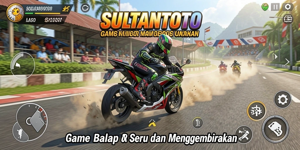 Tangkapan layar gameplay SULTANTOTO menampilkan aksi balap motor yang mendebarkan.