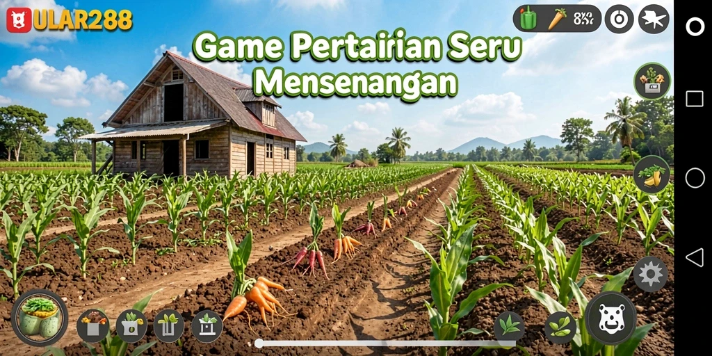 Tampilan gameplay ULAR288 dengan kebun dan hewan peliharaan yang lucu.